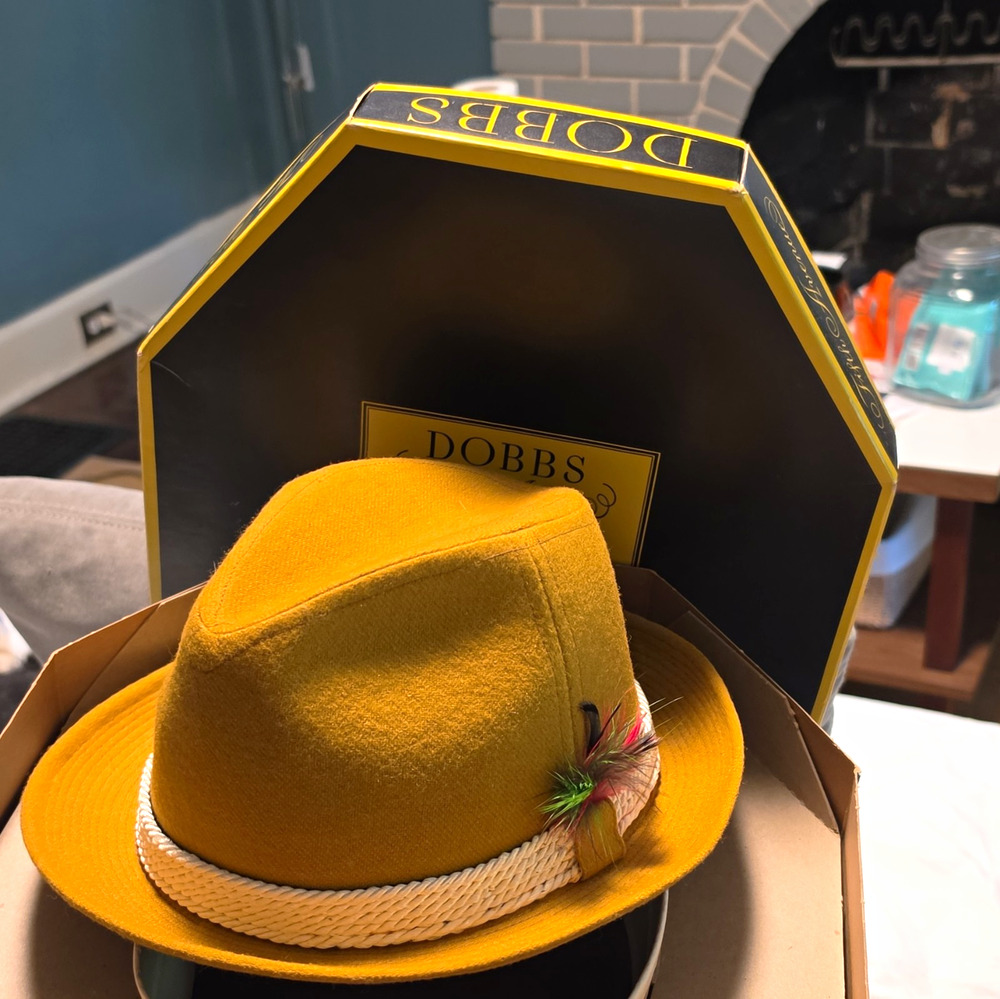 Dunlap Supreme Men’s Lined Fedora Mustard Felt 7⅛ Orig Dobbs Fifth Ave NY Box